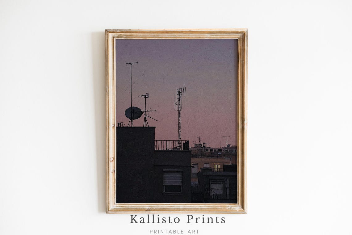 Urban Skyline Art Print Rooftop Sunset Illustration Minimalist Cityscape Modern Home Decor932