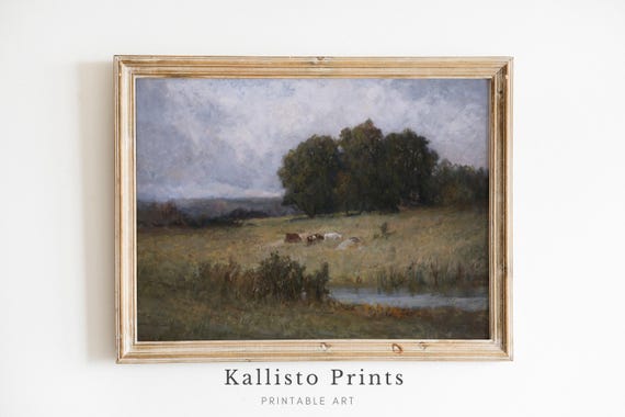 Grazing Cows And Pond Scene Vintage Landscape Oil Painting Moody Farmhouse Artwork Pastoral Print41