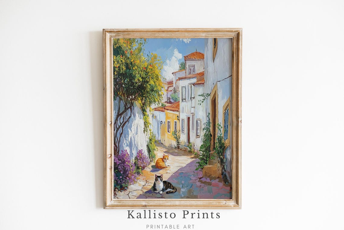 Mediterranean Cat Alleyway Art Print Colorful Village Street Sunlit Houses Cats European Wall Decor Coastal Home 1062