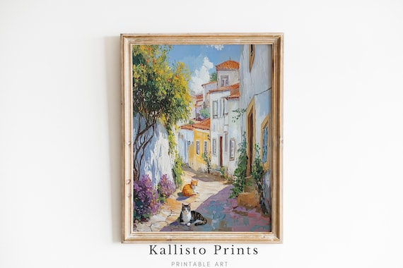 Mediterranean Village Alley Two Cats Sunlit Street Art Poster