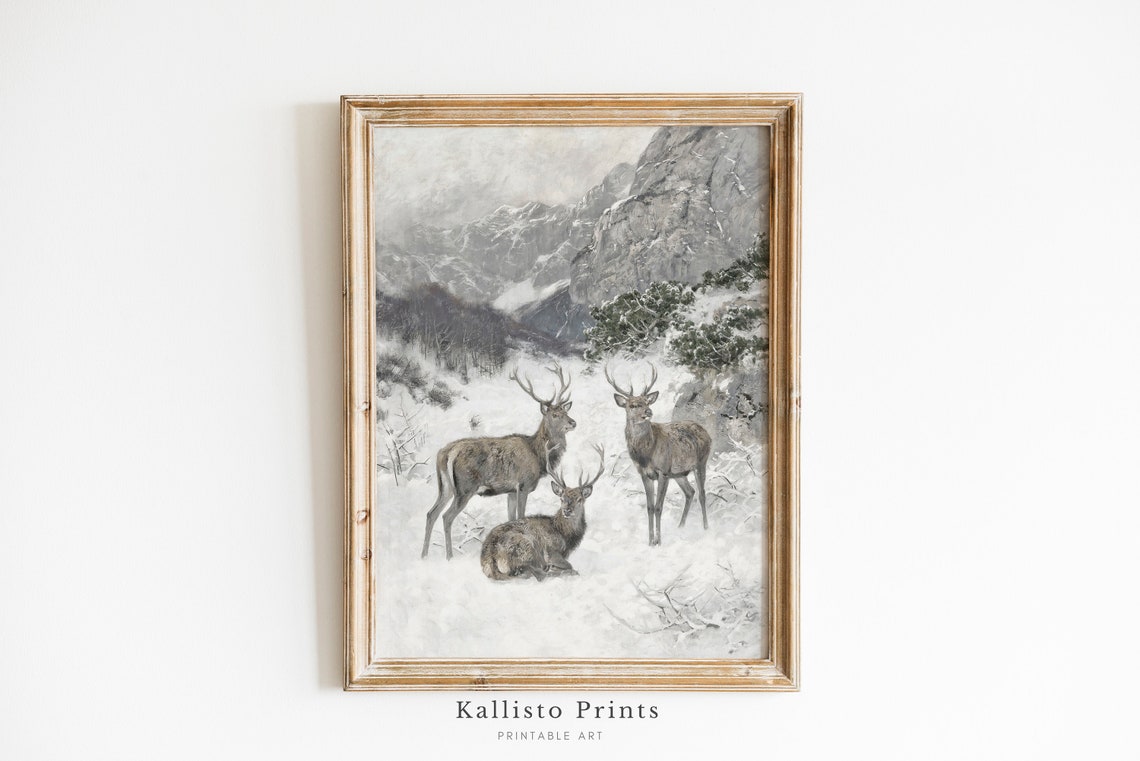 Winter Deer In Mountain Landscape Art Print Snowy Wildlife Scene Rustic Decor Natureinspired Wall Art245
