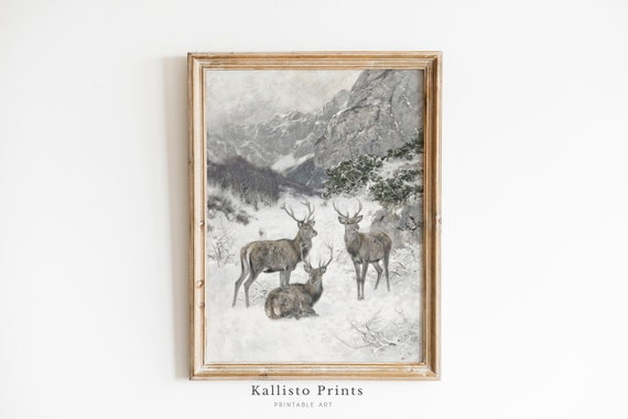 Winter Deer In Mountain Landscape Art Print Snowy Wildlife Scene Rustic Decor Natureinspired Wall Art245