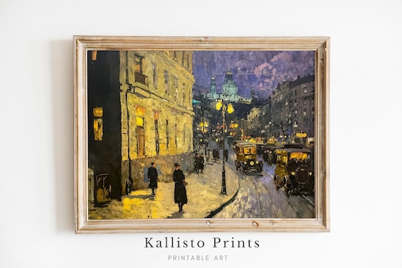 Night Street Lamps Vintage Cars Old City Evening Painting Poster