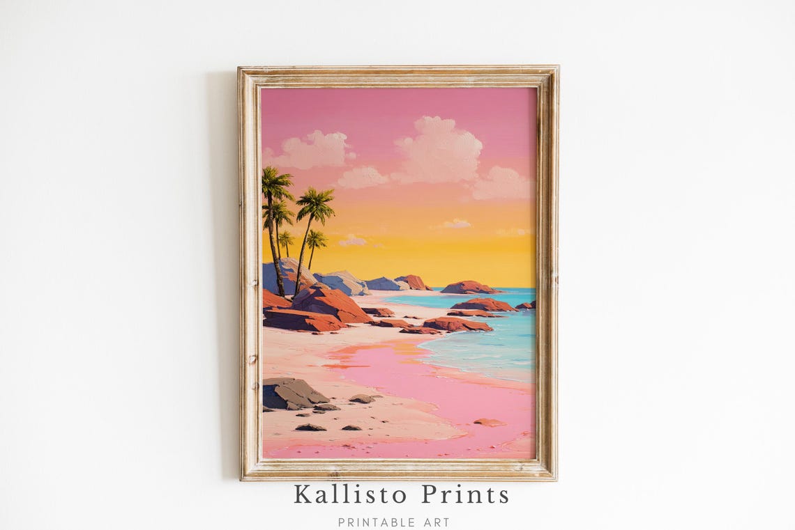 Pink Beach Sunset Palm Trees Tropical Turquoise Retro Travel Poster