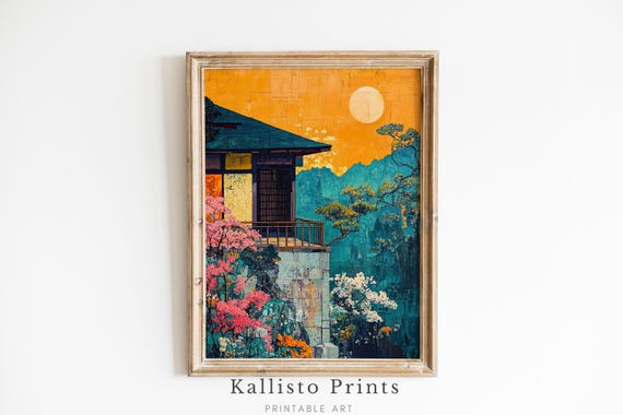Japanese Moonlit Garden Print Tranquil Zen Art Traditional Asian Landscape Serene Nature Wall Decor Painting907