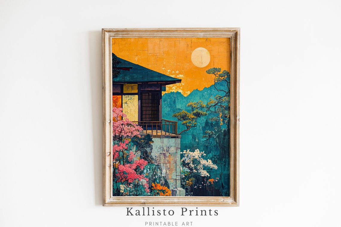 Japanese Pavilion Golden Full Moon Teal Mountains Blossom Wall Art