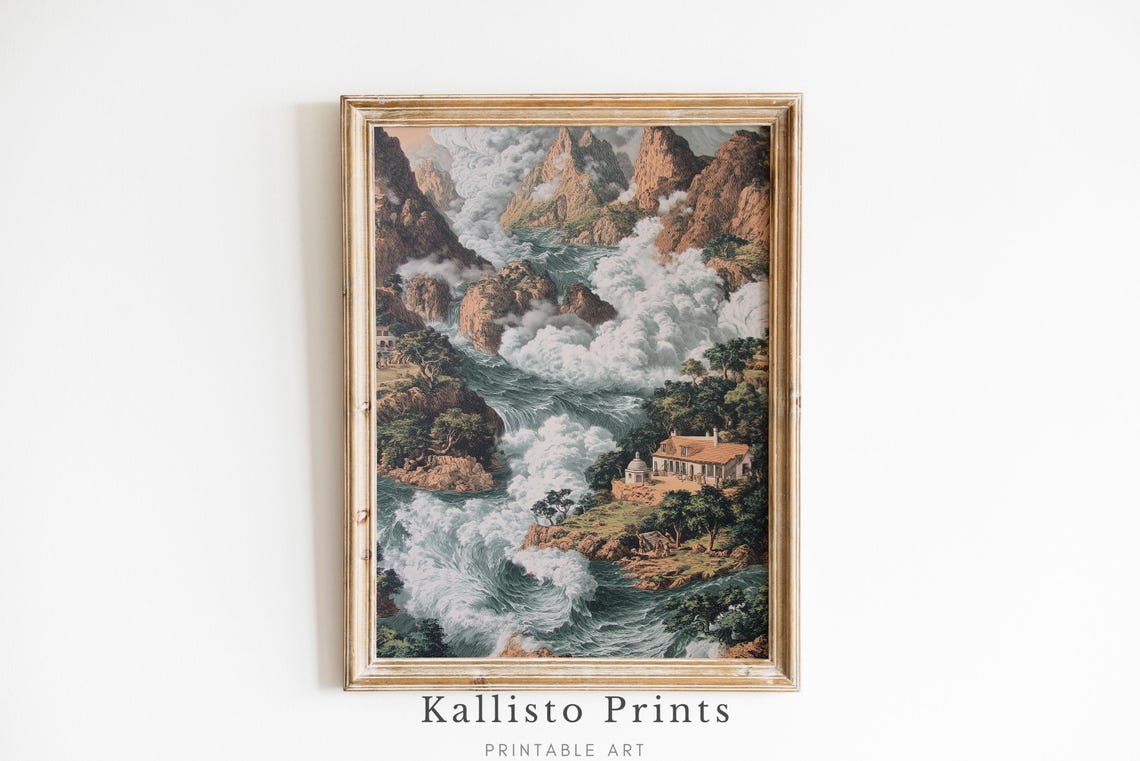 Vintage Mountain Rapids Waterfall Rocky Gorge Cliff Villa Print