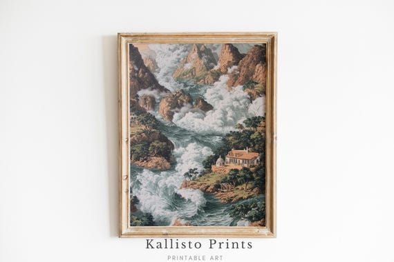 Vintage Mountain Rapids Wall Art Dramatic Waterfall River Landscape Print With Cliffside Home Antique Travelstyle Nature Decor