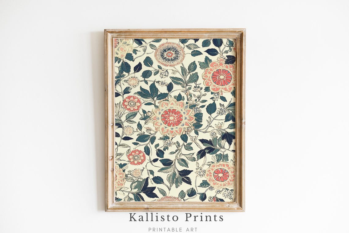 Vintage Chinoiserie Floral Pattern Cream Teal Coral Wall Art