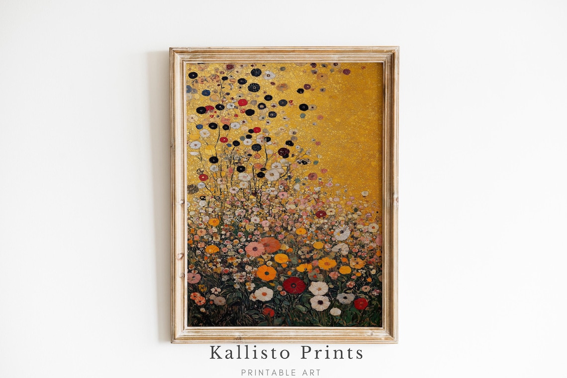 Artful Colorful Flower Field Poster Vibrant Mosaic Gold Floral Art