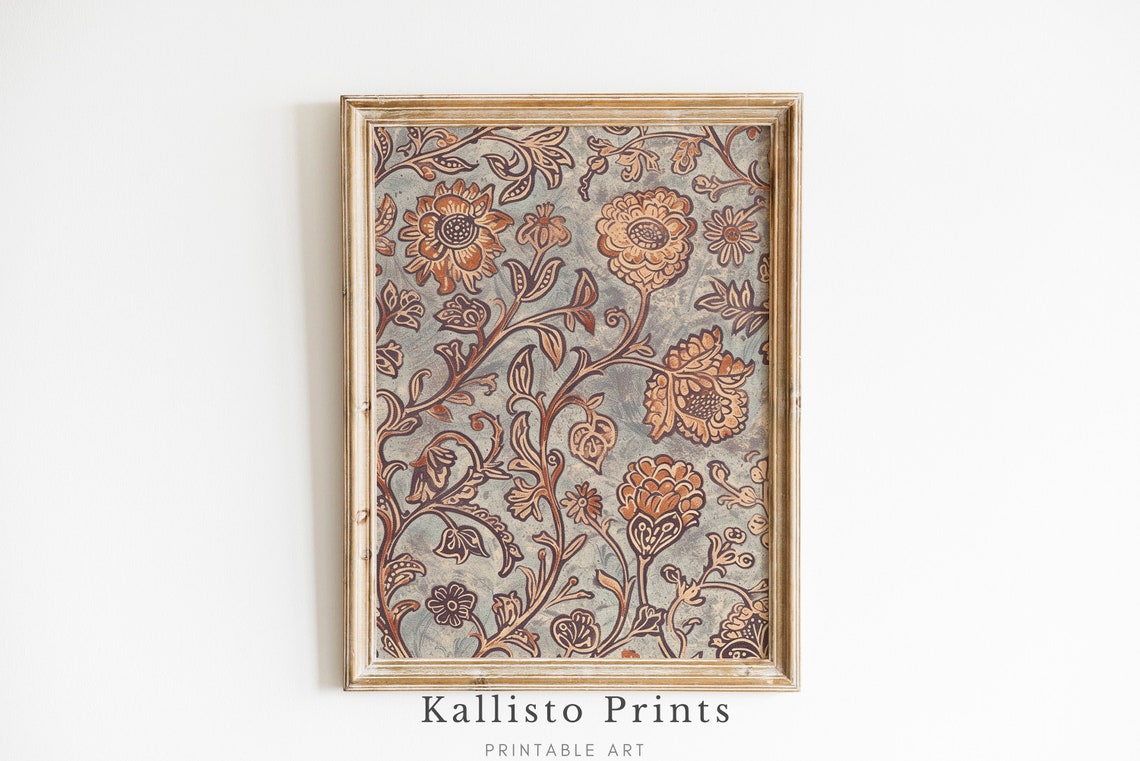 Vintage Botanical Tapestry Pattern With Copper Flowers Textile Poster