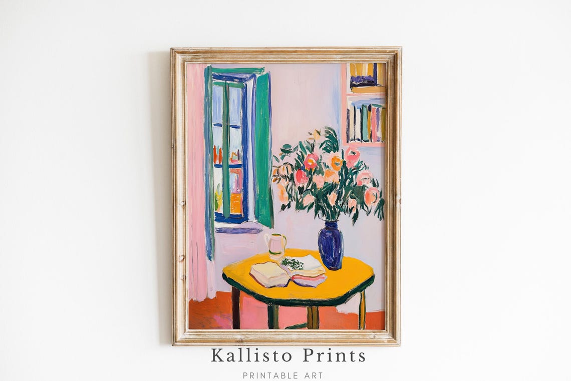 Bright Colorful Interior Yellow Table Flowers Window Scene Poster