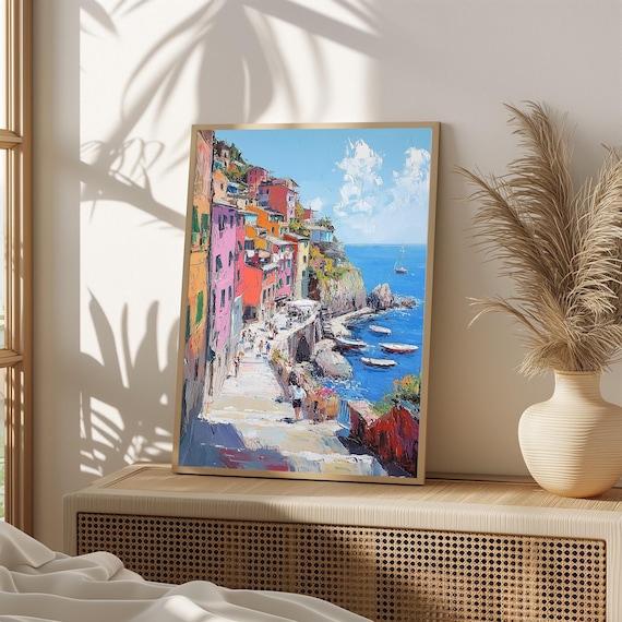 Vibrant Colorful Mediterranean Coastal Town Harbor Scene Poster