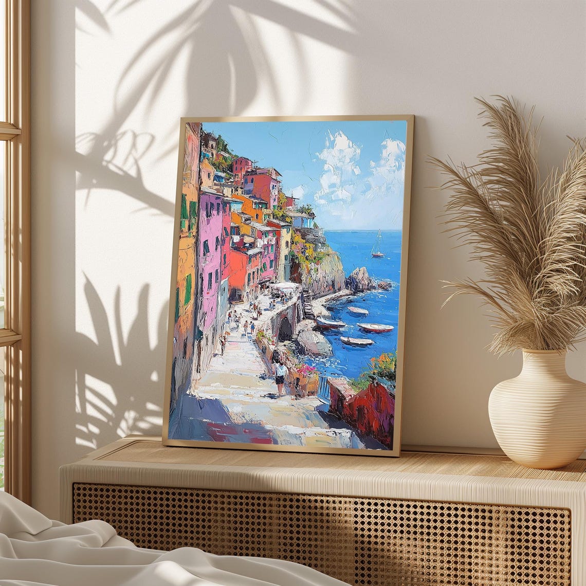 Vibrant Colorful Mediterranean Coastal Town Harbor Scene Poster