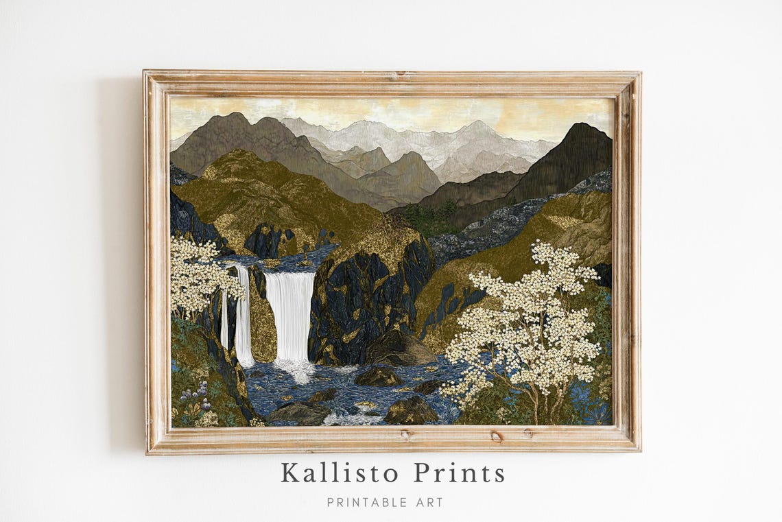 Japanese Waterfall Mountain Blossom Valley Gold Accent Poster
