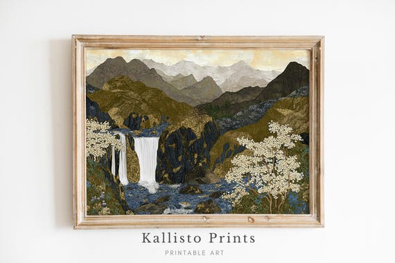 Japanese Waterfall Landscape Art Gold Mountain Stream Painting Zen Cherry Blossom Wall Decor For Tranquil Interiors 1154