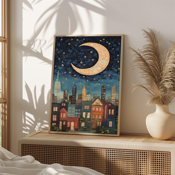 Moonlit Cityscape Wall Art Celestial Night Sky Print Whimsical Crescent Moon Painting Dreamy Urban Fantasy Decor 1035