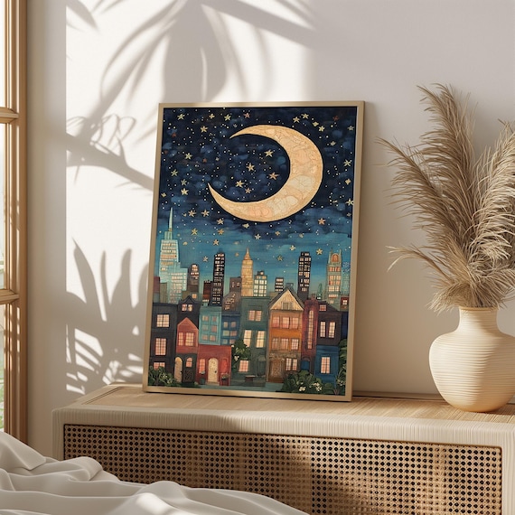 Whimsical Moonlit Cityscape Crescent Moon Starry Night Sky Poster