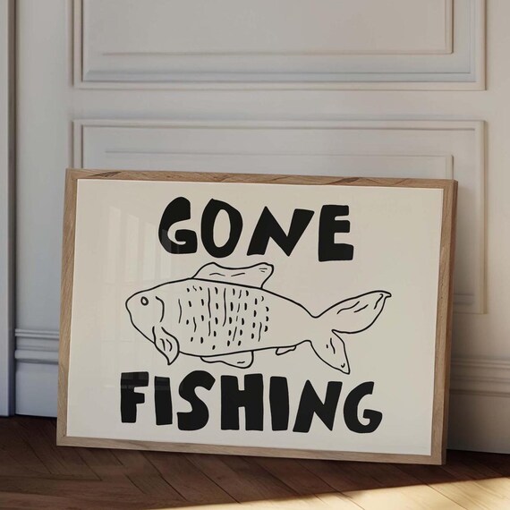 Gone Fishing Black Bold Letters Fish Doodle Funny Outdoors Quote Poster
