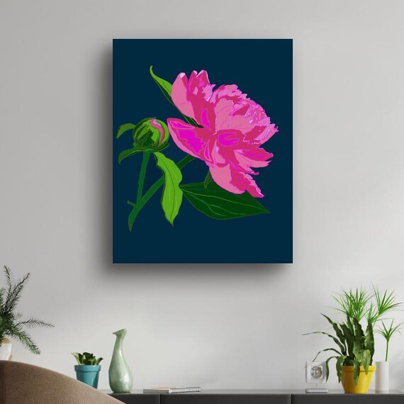 Pink Peony Flower On Navy Blue Modern Botanical Illustration Art Poster