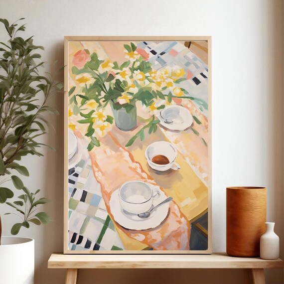 Sunny Breakfast Table Coffee Cups Flowers Kitchen Painting Poster