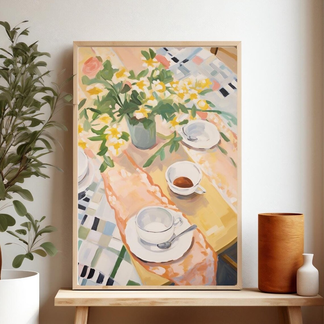 Sunny Breakfast Table Coffee Cups Flowers Kitchen Painting Poster