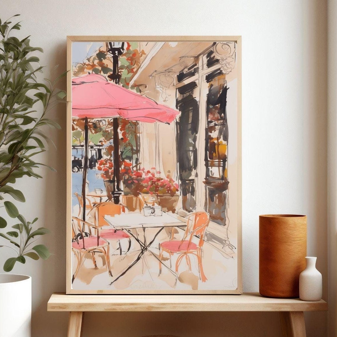 Paris Cafe Drawing Pink Umbrella French Bistro Terrace Poster