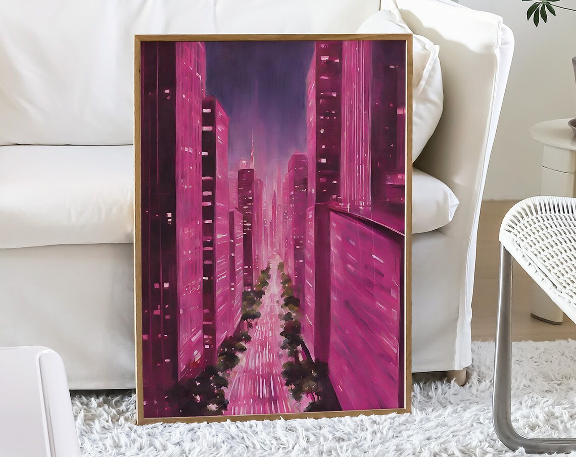Pink Magenta Night City Skyline Aerial Street Painterly View Poster