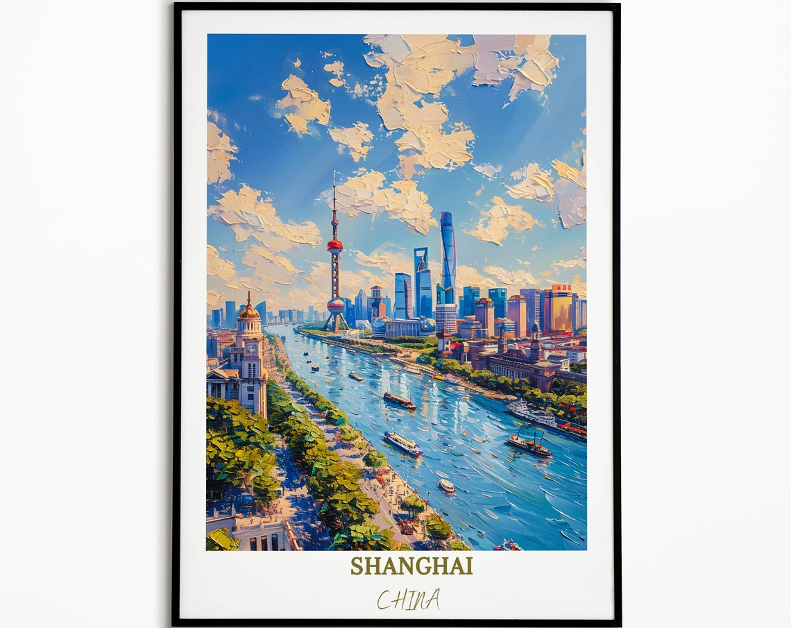 Shanghai China The Bund Waterfront Panoramic River View Travel Poster