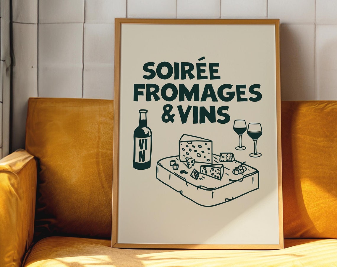 Soiree Fromages Vins Dark Green Cheese Board French Kitchen Poster