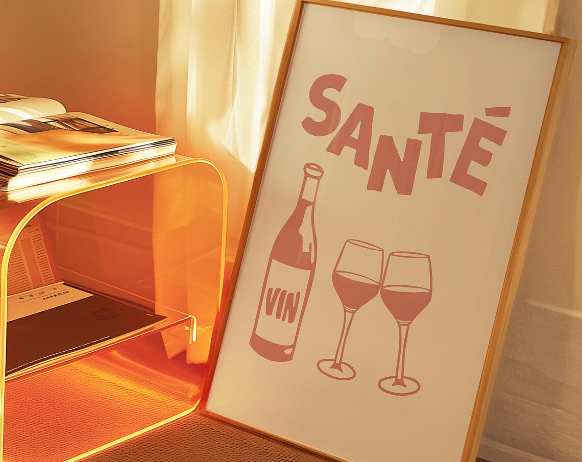 Sante Pastel Pink Wine Bottle Glasses French Bar Cart Decor Poster