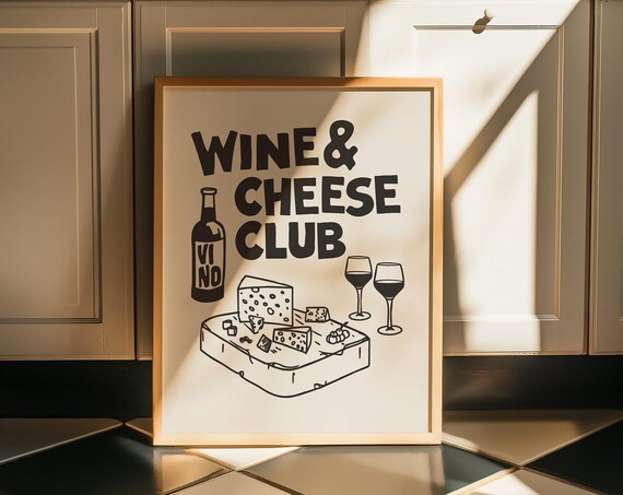 Black Wine And Cheese Club Retro Bar Cart Kitchen Wall Decor Poster