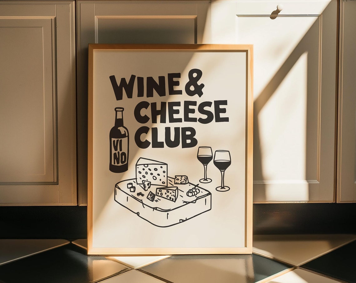 Black Wine And Cheese Club Retro Bar Cart Kitchen Wall Decor Poster