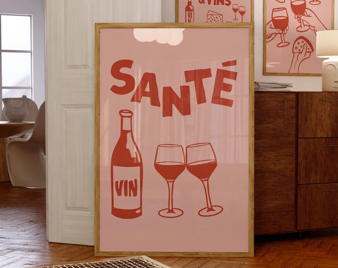 Sante Red Wine Bottle Glasses Blush Pink French Kitchen Bar Poster