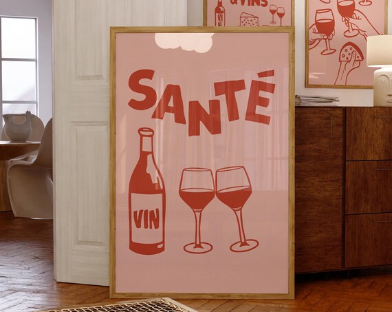 Sante Red Wine Bottle Glasses Blush Pink French Kitchen Bar Poster
