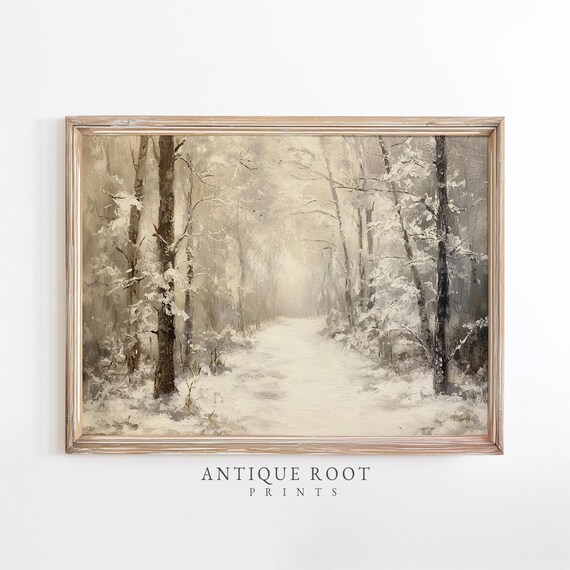 Moody Snowcovered Forest Path Wall Art Winter Serenity Rustic Vintage Neutral Decor Artwork Tranquil