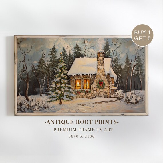 Snowy Stone Cottage Christmas Winter Glow Vintage Rustic Holiday Art Poster
