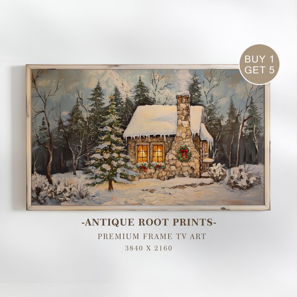 Snowy Stone Cottage Christmas Winter Glow Vintage Rustic Holiday Art Poster