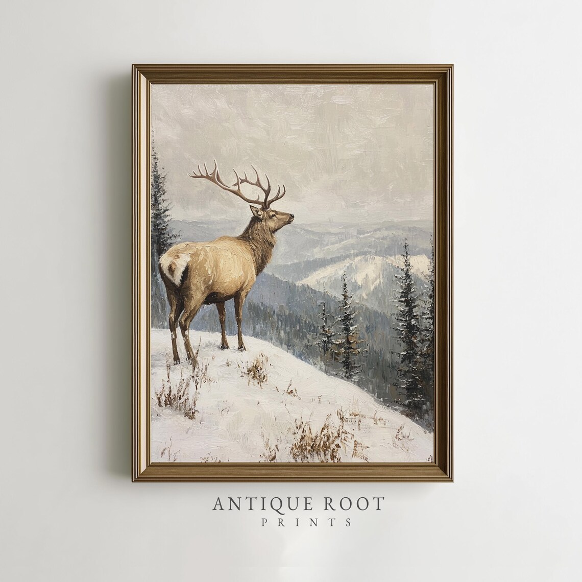 Majestic Elk On Snowy Mountain Ridge Winter Wildlife Art Poster