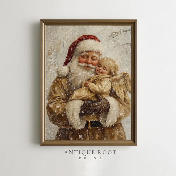Santa Claus Hugging Child Angel Warm Vintage Christmas Art Print
