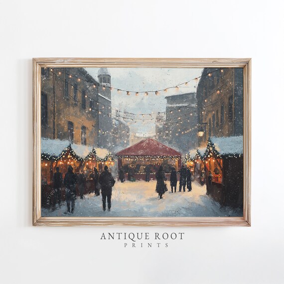 Snowy Christmas Market Vintage European Street Scene Holiday Poster