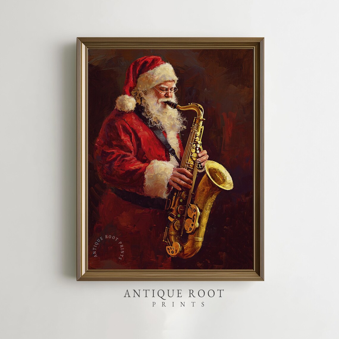 Santa Claus Playing Saxophone Jazz Vintage Christmas Oil Painting Poster