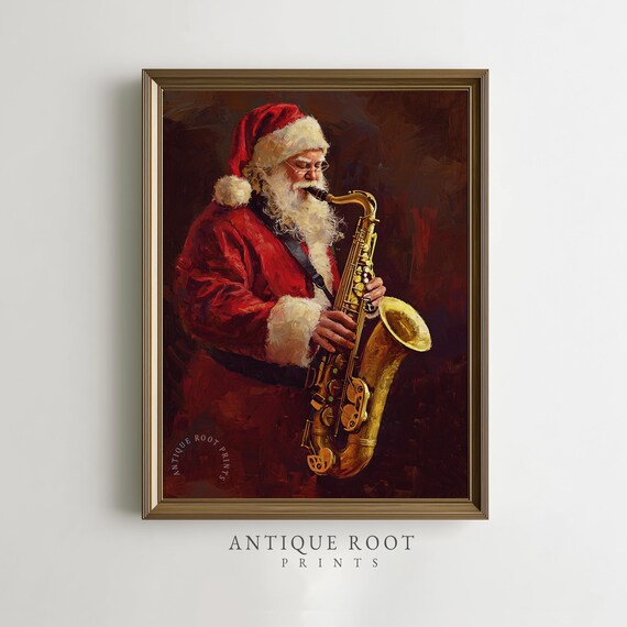 Santa Claus Playing Saxophone Jazz Vintage Christmas Oil Painting Poster