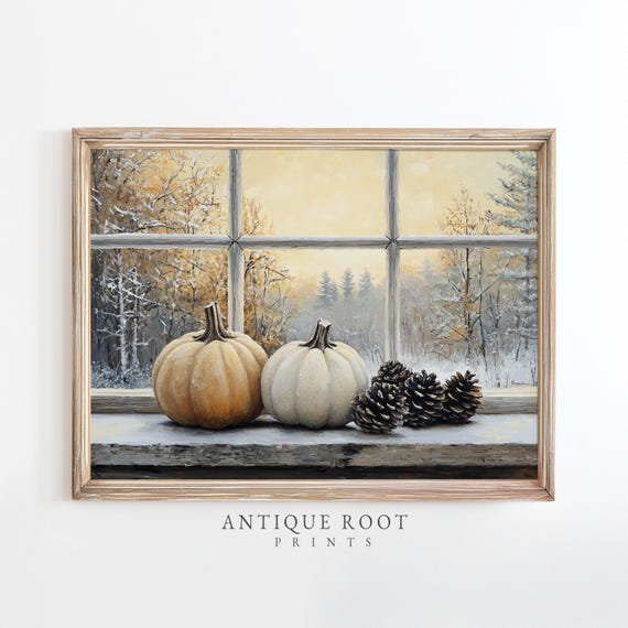 Neutral Pumpkin Windowsill Still Life Rustic Farmhouse Art Cozy Seasonal Decor With Warm Tones For Home