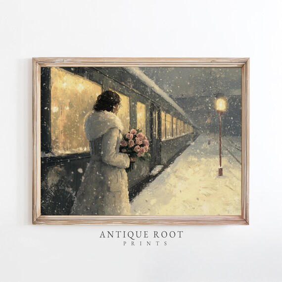 Winter Woman Train Station Art Moody Romantic Vintage Illustration Cozy Scene Wall Decor