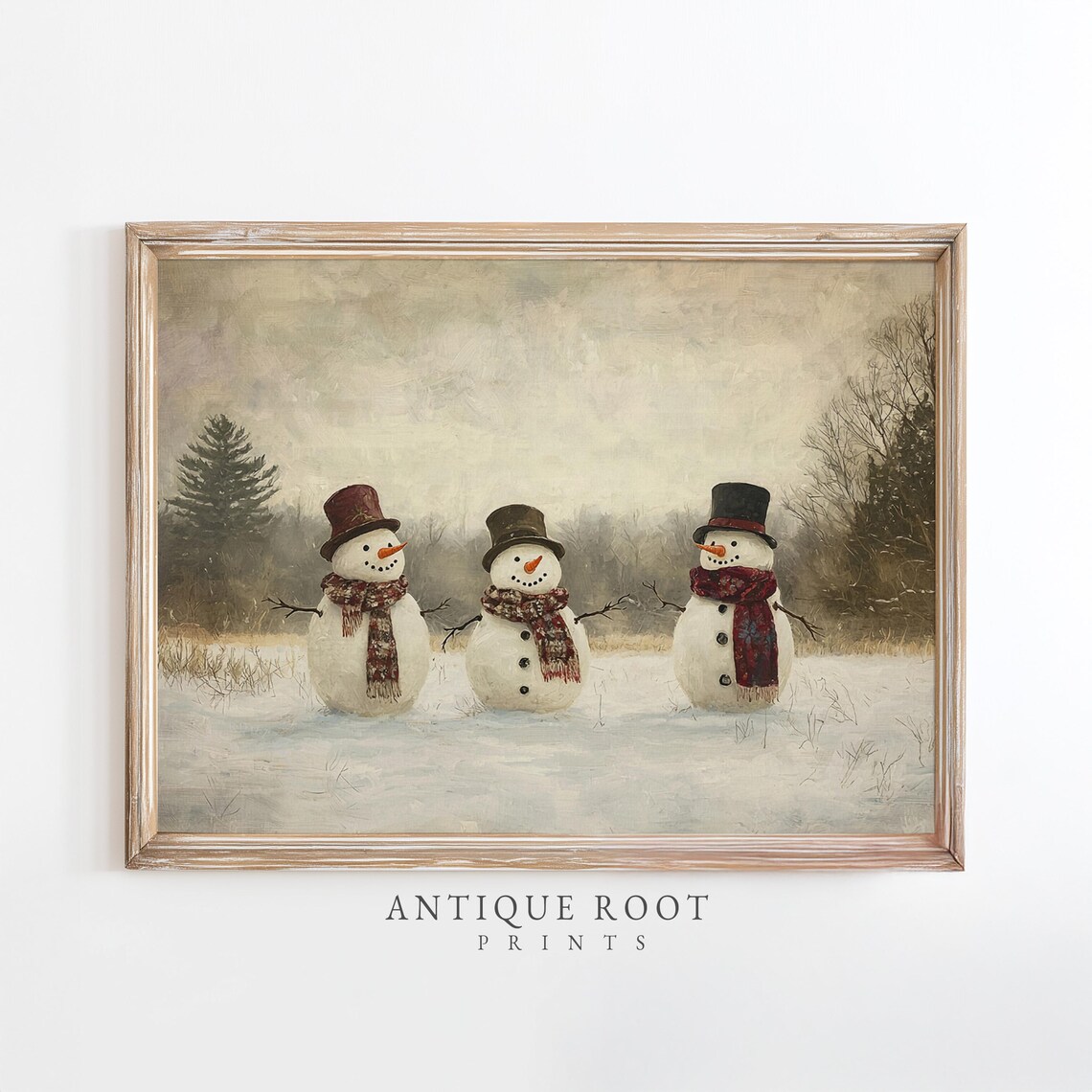 Three Snowmen Winter Hats Scarves Vintage Rustic Snowy Scene Print