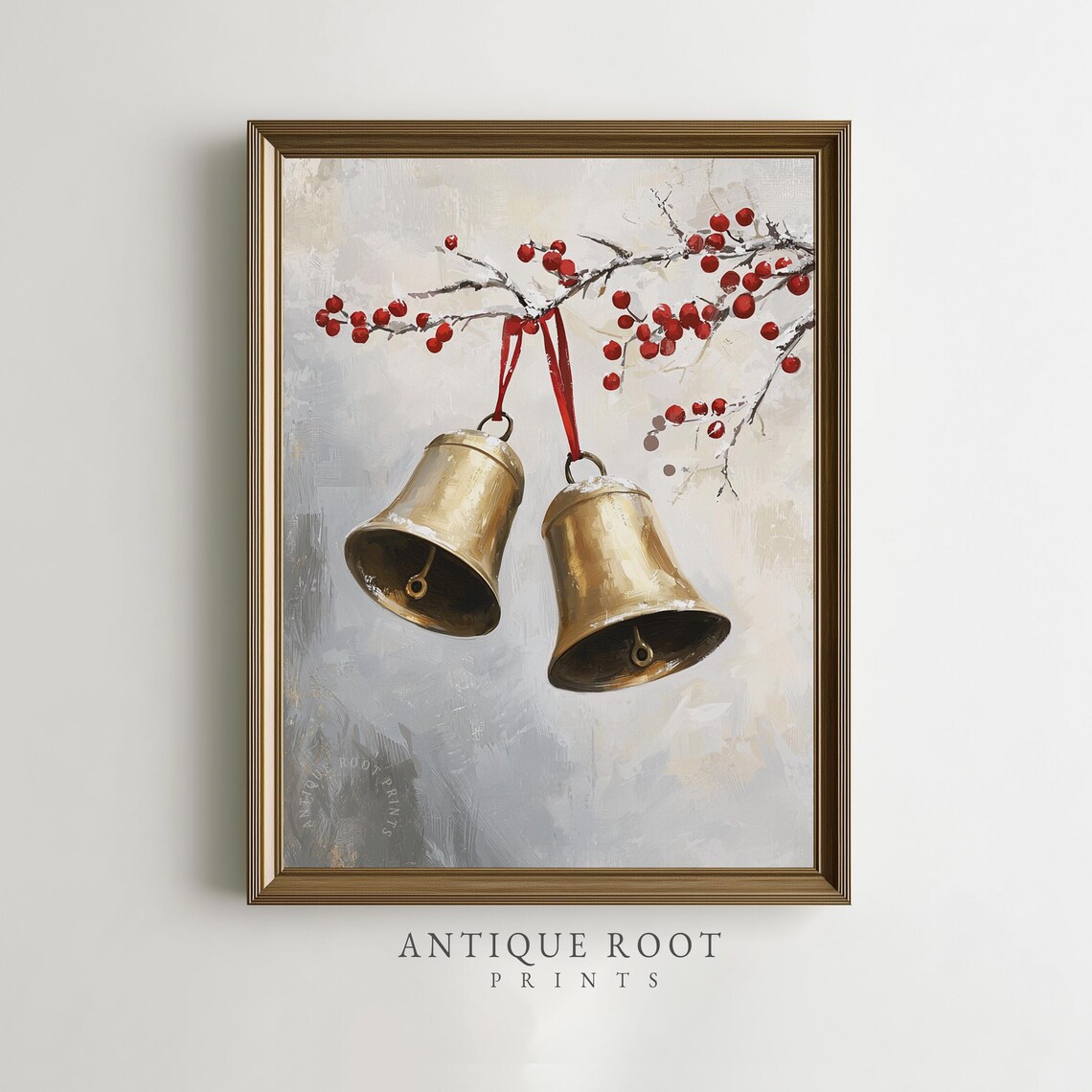 Gold Bells Red Ribbons Snowy Berry Branch Festive Holiday Wall Art