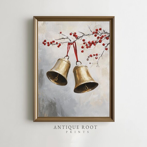 Gold Bells Red Ribbons Snowy Berry Branch Festive Holiday Wall Art