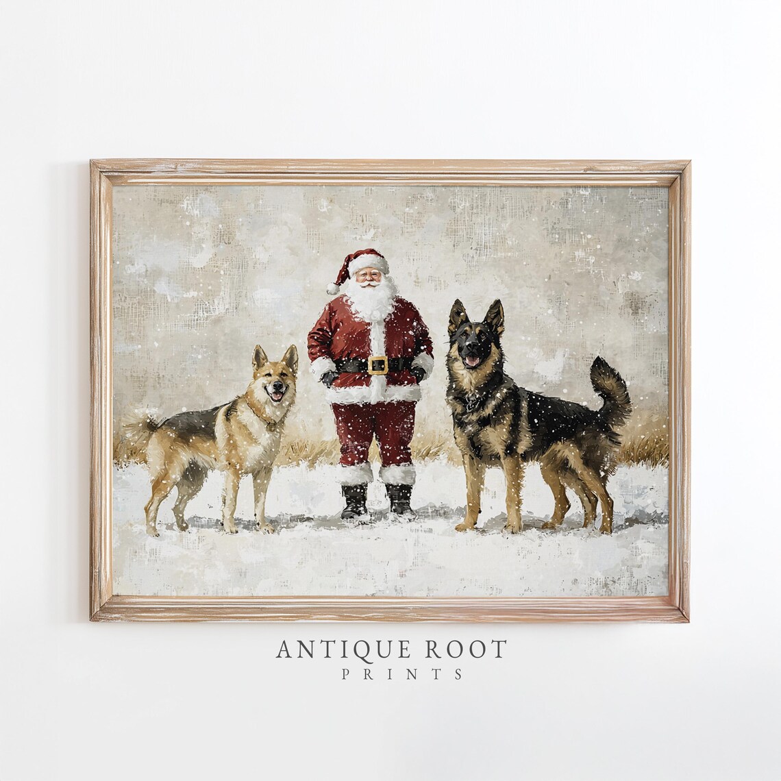 Santa Claus and German Shepherds in Snow Christmas Art Poster