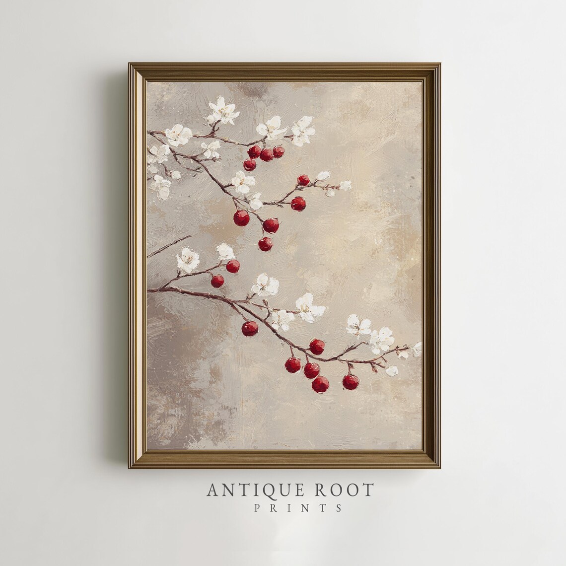 Cherry Blossom Branch Red Berries Vintage Botanical Art Poster